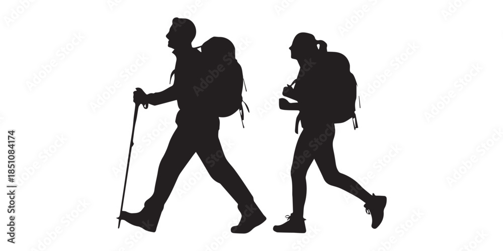 Obraz premium Set of hiker silhouettes with large backpacks and trekking poles, black vector image of male and female tourists walking, standing, and greeting on white background.