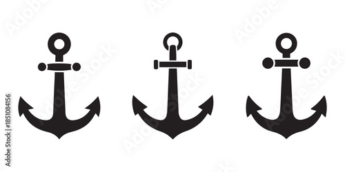 Ship anchor or boat anchor flat icon black silhouette white background for apps ,Anchor Icon Set Silhouette Vector Collection on a white background.