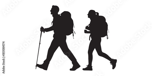 Set of hiker silhouettes with large backpacks and trekking poles, black vector image of male and female tourists walking, standing, and greeting on white background.