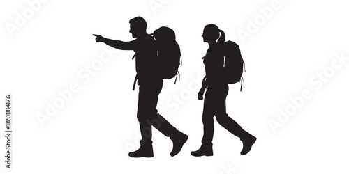 Set of hiker silhouettes with large backpacks and trekking poles, black vector image of male and female tourists walking, standing, and greeting on white background.