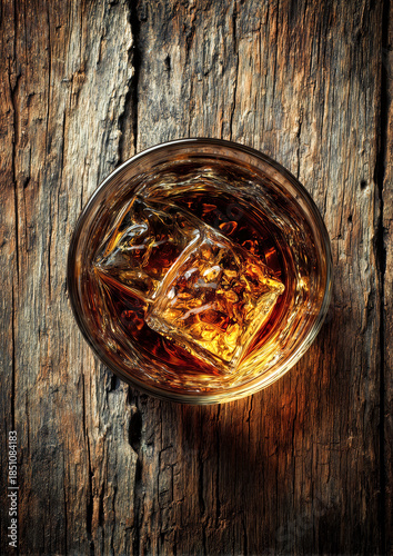 A glass of whiskey sits on an aged wooden table, ice cubes reflecting soft light. The warm tones create a cozy atmosphere, inviting relaxation and enjoyment.