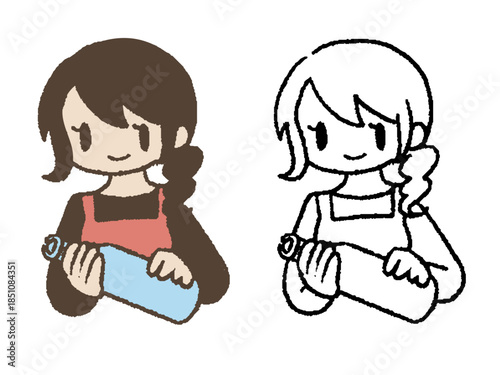 手描きのビンを持つ主婦