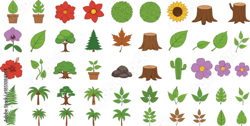 Nature and garden elements collection featuring trees, plants, flowers, leaves, stumps, and shrubs illustrated in colorful flat vector style isolated on white background