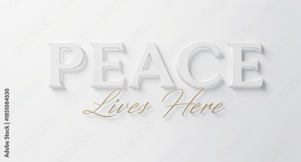 Fototapeta premium Peace Lives Here White Wall Sign with Elegant Gold Script for Home Decor