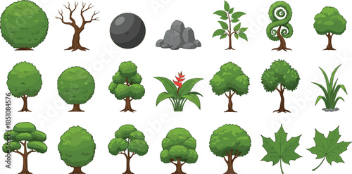 Cartoon nature elements collection with trees, bushes, plants, stones, and leaves illustrated in colorful flat vector style isolated on white background for game and landscape design
