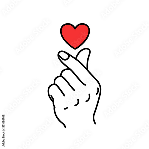 Hand gesture shows finger heart with a red heart symbol. Lovely gesture for valentines day card, social media posts, love themes.