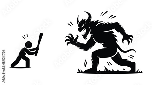 Man Versus Monster Illustration in Black and White Silhouette Showing Fierce Battle Between Warrior and Demon Creature for Horror, Fantasy, and Scary Artwork