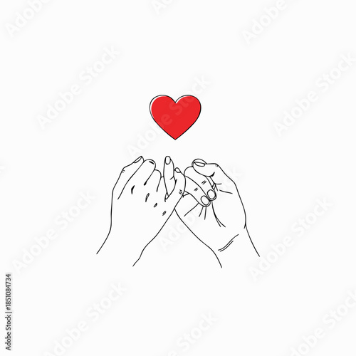 Heart hovering over two linked hands, symbolizing a promise. Suitable for wedding invitations, relationship counseling, love blog posts, or mental health resources.
