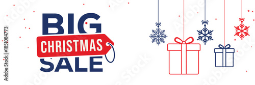 Modern Christmas sale banner with elegant script and bold SALE typography on a white background, featuring red and blue hanging snowflake ornaments, perfect for end of season winter holiday promotions