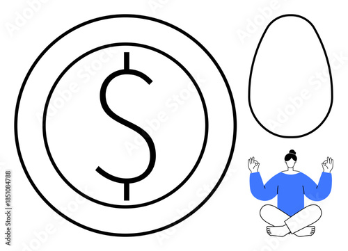 Financial planning, wellness, mindfulness, meditation, personal growth, savings. A dollar symbol, an abstract egg and a meditating person. Financial planning and wellness theme