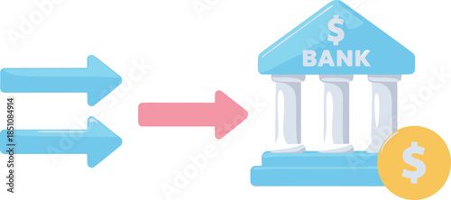 Money transfer and banking concept illustration with arrows pointing to bank building and dollar coin isolated on white background in clean flat vector style