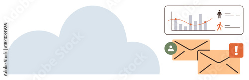 Cloud graphic alongside a chart with analytics, person icon, and envelopes with alert badges. Ideal for data management, analytics, communication, cloud storage, notifications, email systems modern