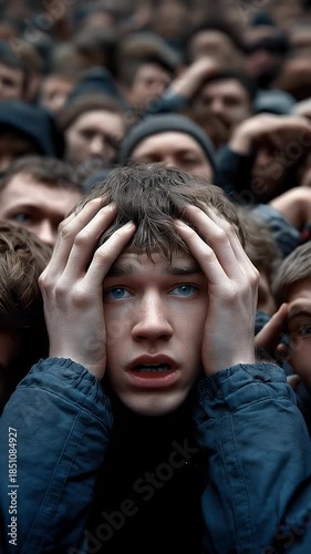 Confused person surrounded by people facing camera