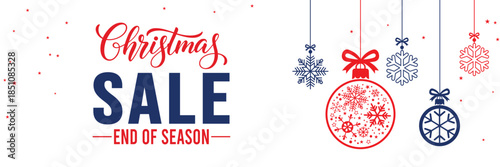 Modern Christmas sale banner with elegant script and bold SALE typography on a white background, featuring red and blue hanging snowflake ornaments, perfect for end of season winter holiday promotions