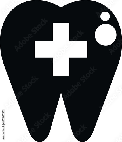 Black tooth icon featuring a white medical cross, symbolizing dental health and oral care