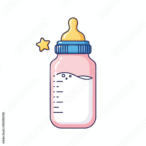 Vector graphic of a baby bottle filled with milk, next to a gold star