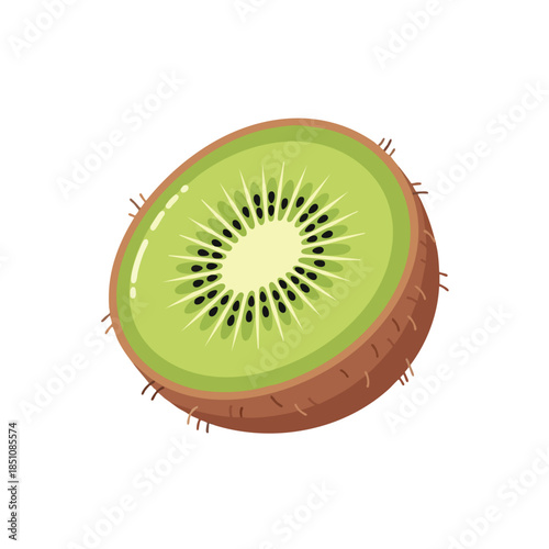 A halved kiwi fruit with green flesh, black seeds, and brown, hairy skin