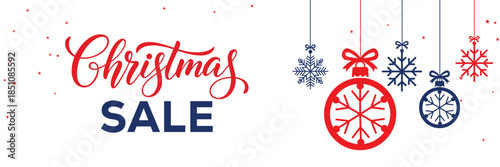 Modern Christmas sale banner with elegant script and bold SALE typography on a white background, featuring red and blue hanging snowflake ornaments, perfect for end of season winter holiday promotions