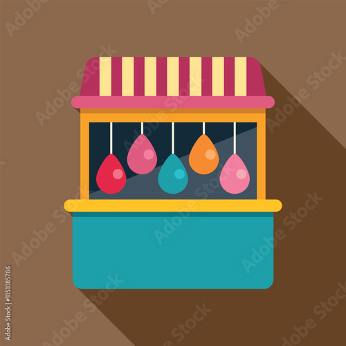 Carnival game booth with a striped awning and multiple colorful balloons for a fun fair attraction