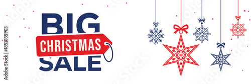 Modern Christmas sale banner with elegant script and bold SALE typography on a white background, featuring red and blue hanging snowflake ornaments, perfect for end of season winter holiday promotions