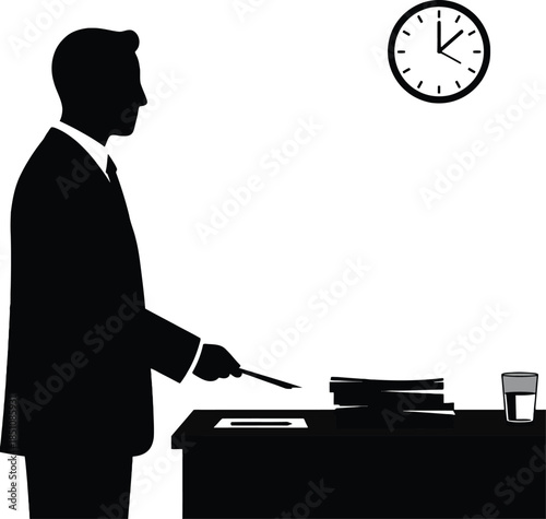 Businessman facing deadline with stack of papers and wall clock showing time pressure at office desk