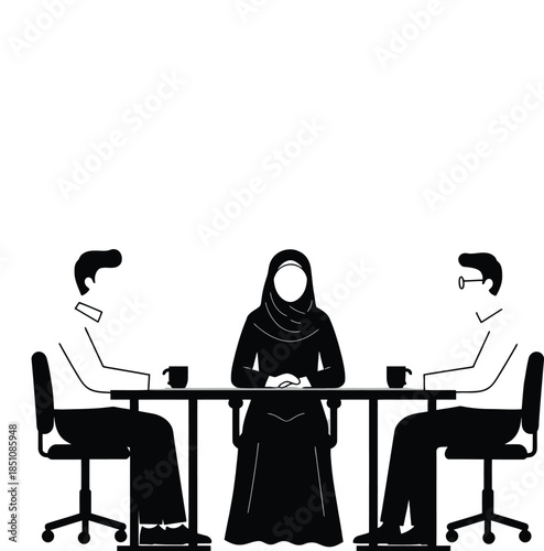 Mediator facilitating peaceful business discussion between two parties with peace symbol overhead