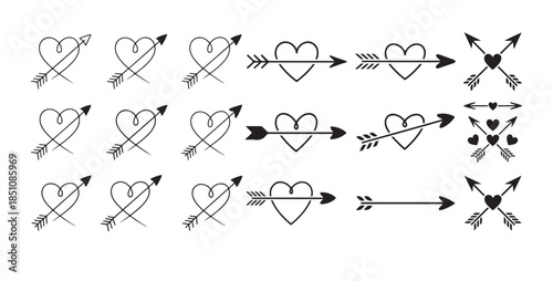 Heart with arrow icon outline set. Pierced heart icon, Simple cupid's arrow symbol, Arrow, Heart, collection black and white love icon. vector illustration eps 10