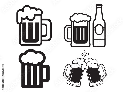 This image displays four minimalist, black and white vector illustrations related to beer. Arranged in a grid, the icons include a large beer mug with foam, another mug alongside a beer bottle, a simp