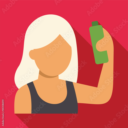 Woman with blonde hair holding a green bottle of hair product on a red background