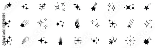 Star twinkle glitter spark outline shine icon set. Star shine glow, spark glitter, sparkle light black and white vector art and illustration.