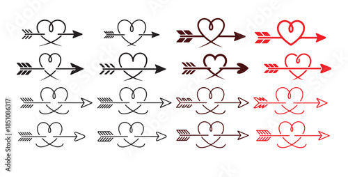 Heart with arrow icon outline set. Pierced heart icon, Simple cupid's arrow symbol, Arrow, Heart, collection black and white love icon. vector illustration eps 10