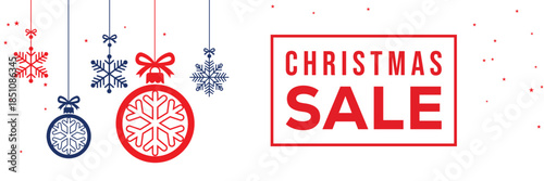 Modern Christmas sale banner with elegant script and bold SALE typography on a white background, featuring red and blue hanging snowflake ornaments, perfect for end of season winter holiday promotions