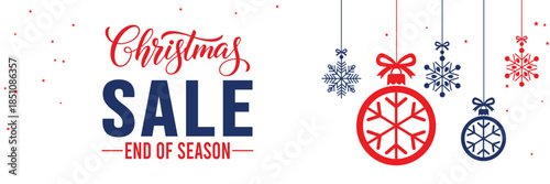 Modern Christmas sale banner with elegant script and bold SALE typography on a white background, featuring red and blue hanging snowflake ornaments, perfect for end of season winter holiday promotions