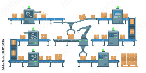 Automated factory production line with robot arms packing boxes