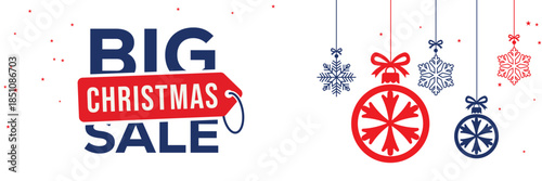 Modern Christmas sale banner with elegant script and bold SALE typography on a white background, featuring red and blue hanging snowflake ornaments, perfect for end of season winter holiday promotions