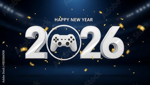 Happy New Year 2026 Gaming Concept with White Gamepad Controller 3D Render Illustration on Blue Stadium Background with Gold Confetti for Gamers and Esports Competition Video Game Play Marketing
