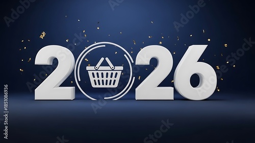 Happy New Year 2026 Shopping Concept with Basket Icon 3D Render Illustration on Dark Blue Background with Gold Confetti for Retail Sale and E-commerce Market Consumer Purchase Discount Advertising