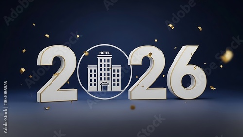 Happy New Year 2026 Hospitality Concept with Hotel Building Icon 3D Render Illustration on Dark Blue Background with Gold Confetti for Travel Accommodation and Booking Tourism Agency Marketing
