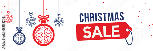 Modern Christmas sale banner with elegant script and bold SALE typography on a white background, featuring red and blue hanging snowflake ornaments, perfect for end of season winter holiday promotions