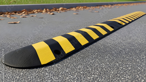 Black and yellow rubber speed bump installed on asphalt roadway | Durable modular speed hump for vehicle deceleration | Close-up of road safety device on textured pavement with leaves 
