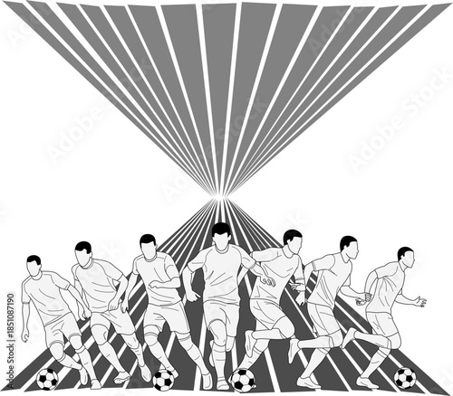 Dynamic image of soccer players dashing with balls under vibrant radiating lines. Ideal for sports, soccer or energythemed designs.