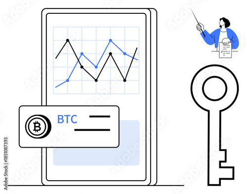 Bitcoin price chart displayed on smartphone screen with fluctuating graph, BTC label, large key symbol, and person reviewing document. Ideal for finance, technology, security, investments, trading