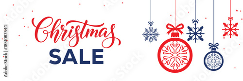 Modern Christmas sale banner with elegant script and bold SALE typography on a white background, featuring red and blue hanging snowflake ornaments, perfect for end of season winter holiday promotions