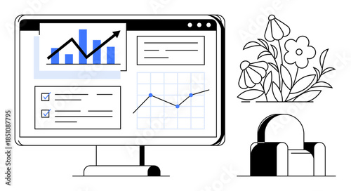 Business strategies, analytics, productivity, workplace organization, digital tools, home office decor. Monitor displaying data graphs and charts. Analytics and productivity visualization concept