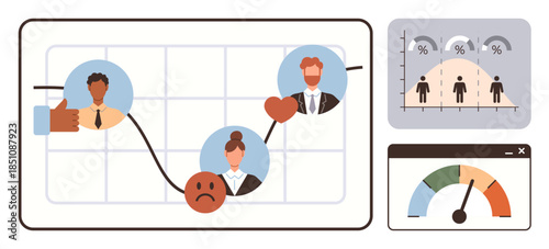 Line graph with profile icons, emotional faces, percentage statistics, satisfaction gauge. Ideal for analytics, engagement, feedback, performance satisfaction trends data interpretation. Simple