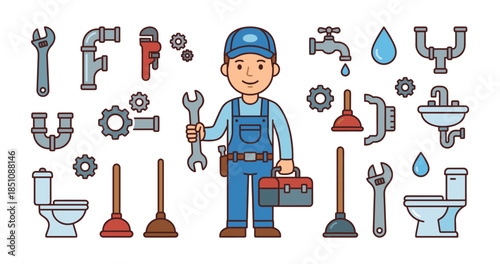 Plumber with tools and plumbing service icon set