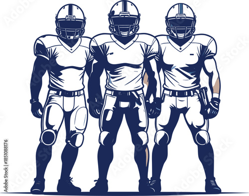 Trio of American Football Players in Full Uniform and Helmets Detailed Navy Blue Silhouettes for Sports Competition Team Spirit and Championship Branding.