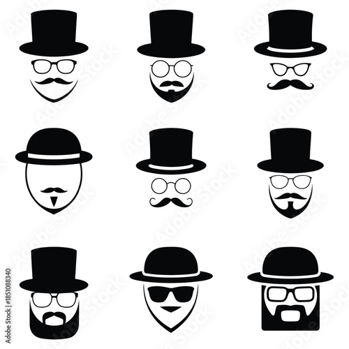 Gentleman icons top hats, mustaches, beards and glasses vector art. Vector set of top hats, mustaches, beards and glasses icons
