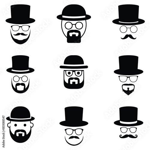 Collection of top hats, bowler hats, mustaches and beards icons