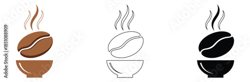 Set of coffee bean and cup icons in brown, black, and white